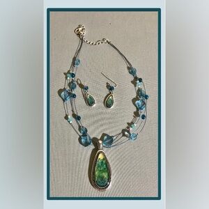 Y2K Green and Blue Stone Jewelry Set - Necklace & Earrings